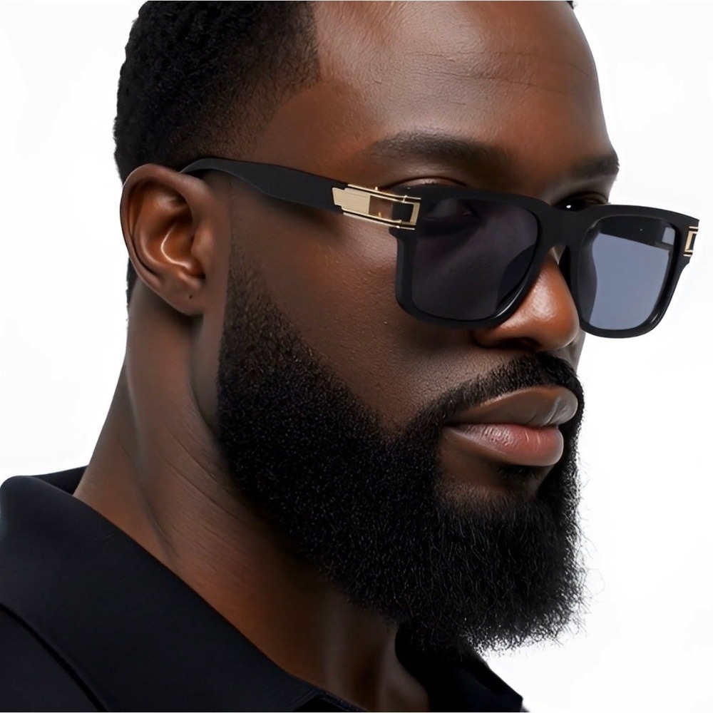 Men Sunglasses Fashion Designer Square Dark‎ Black Lens Gold Metal Trendy Shades